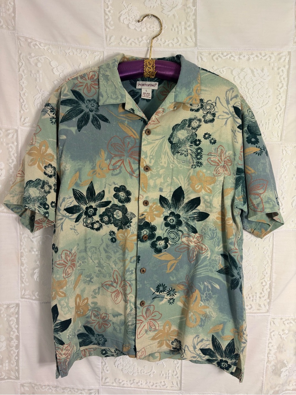 Men’s 100% Silk Short Sleeve Tropical Hawaiian Print Button Down Size L